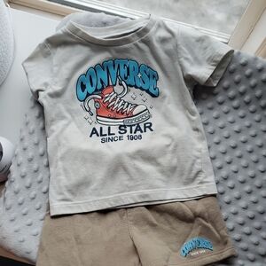 Converse Light Gray Tee with Coral Sneaker & Blue Logo